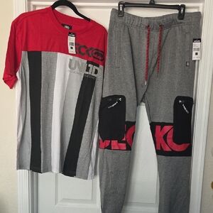 Ecko Unlimited Red and Gray Graphic Tee and Pants.